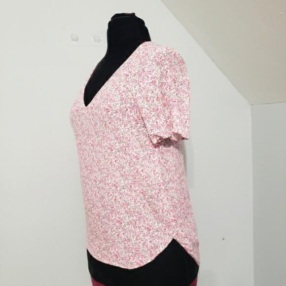 Pink and White Plunge V Neck Short Sleeve High Low Micro Floral Top Size 2 - Picture 4 of 8